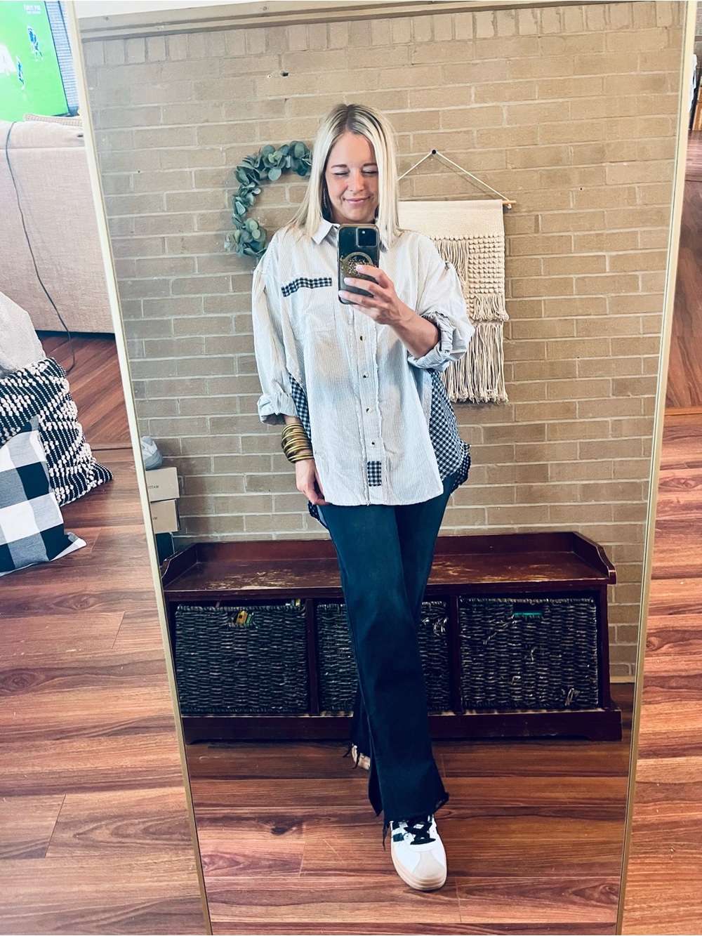 easel  Striped and Gingham Panel Button-Down Shirt